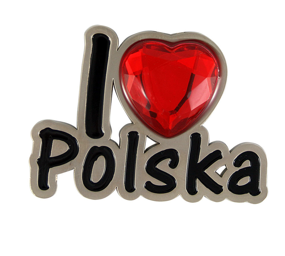 Metalowy magnes I love Polska z rubienem