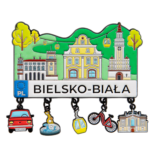 Metalowy magnes z zawieszkami Bielsko-Biała