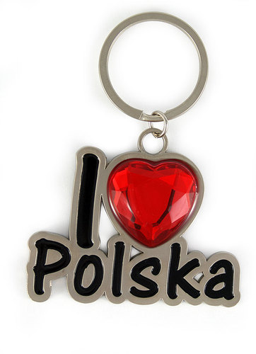 Metalowy brelok I love Polska z rubinem